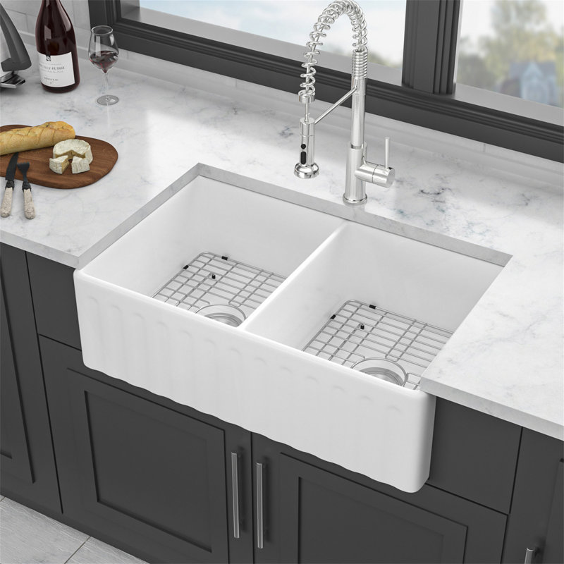 White Farmhouse Sink - 33 Inch White Ceramic Double Bowl Farm Kitchen Sink