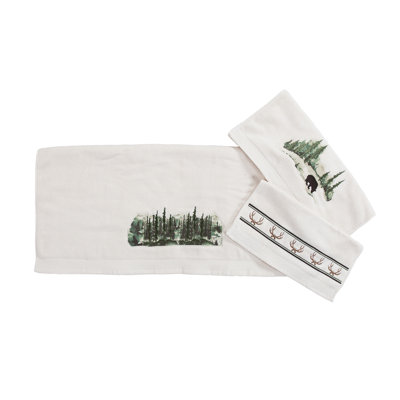 Joshua Cotton Embroidered Pine Tree Bear Print Western Lodge Rustic Cabin 3 Piece Towel Set