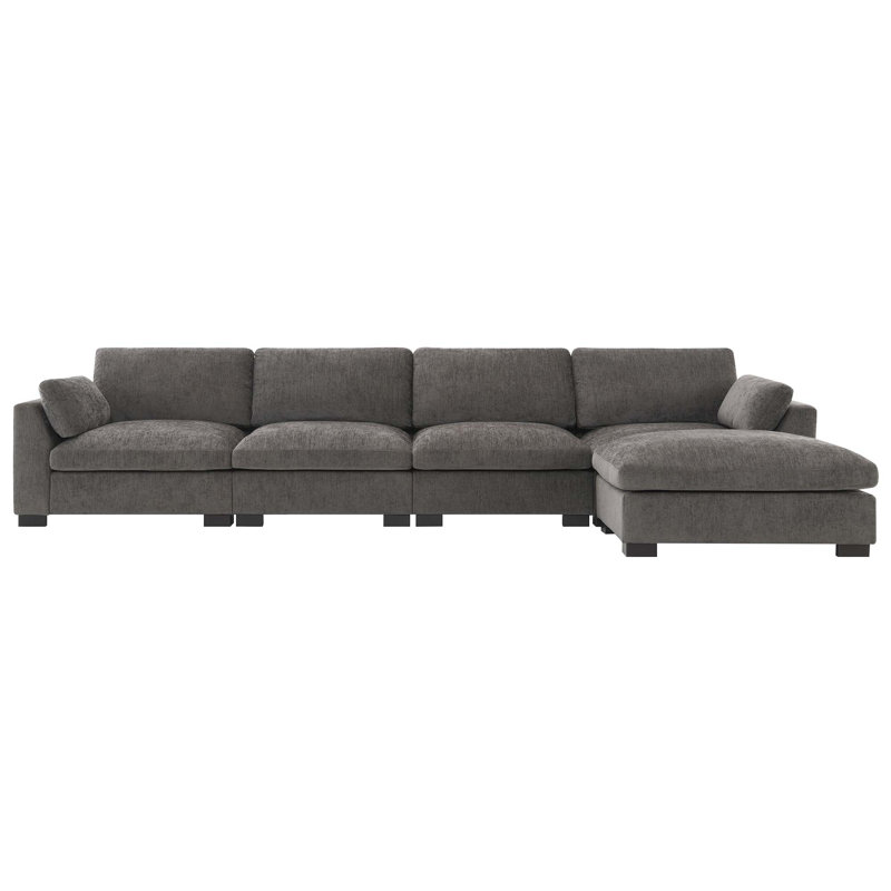 130" Modular Sectional Sofa, L-Shape with Folding Table and Dual-Port Charging, Side Storage Pockets, 2 Armrest Pillows, Free Movement Ottoman, High Density Foam, Chenille, 5 Seat