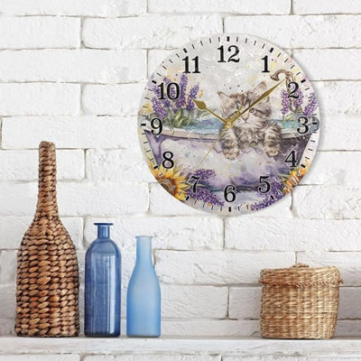 JUNZAN Mignon chaton tournesol lavande dans la baignoire Détente ronde Horloges de salle de bain Horloges murales Horloges de chambre froide pour enfants 10 pouces