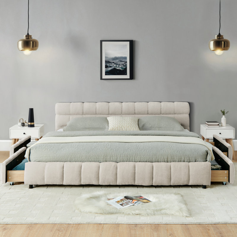 Lit plateforme tapissier en chenille avec tiroirs de rangement Chenille, Beige, Très grand