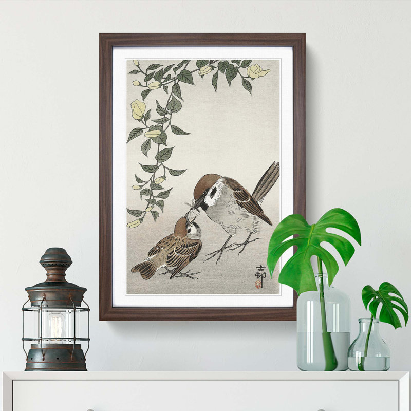 Sparrow Birds and Plants by Ohara Koson - Picture Frame Painting Print, 36cm H x 27cm W x 2cm D, Walnut Framed