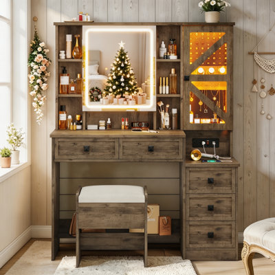 Vanity Desk with LED Mirror & RGB Jewelry Cabinet, Makeup Table with 5 Drawers, Charging Station & Storage Stool, Farmhouse Dressing Table for Bedroom