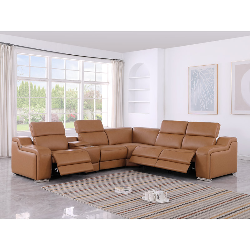 Stanya 6 - Piece Top Grain Italian Leather Power Reclining Sectional, Cognac Genuine Leather