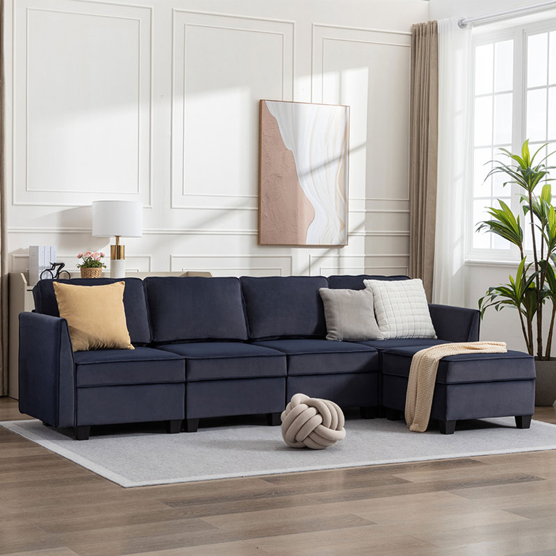 Canapé modulaire à méridienne 5 pièces Marai, Velours bleu marine