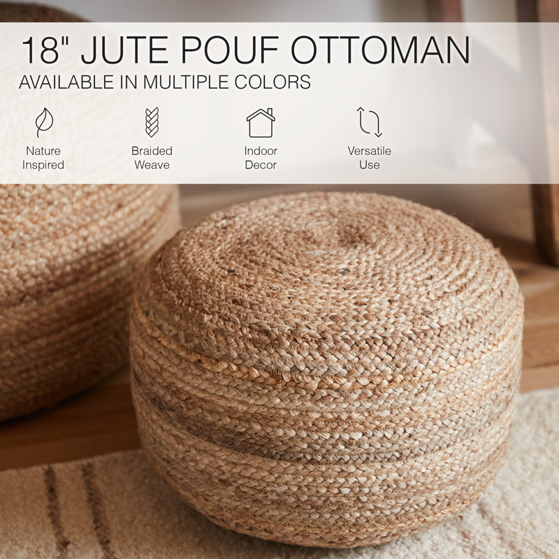 Teele 18" Wide Round Pouf Ottoman, Beige Jute