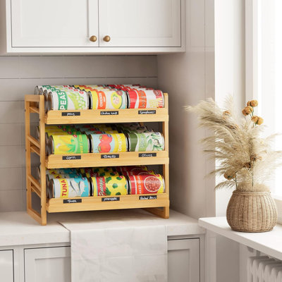 Organisateur de bambou pour garde-manger, organisateur de rangement empilable à 3 niveaux avec autocollant et marqueur, porte-canettes pour armoire