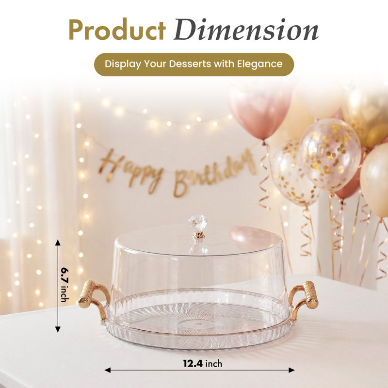  12-inch Round Plastic Cake Stand With Clear Flat-top Cover And Gold Handles Ribbed Serving Tray For Cupcakes Fruits Salads And Desserts Transparent Table Display For Parties And Events