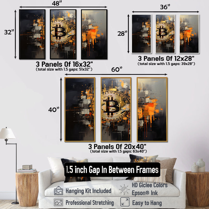 Or et gris - Crypto monnaie - art mural mode, Cadre flottant noir, H 32 po x l 48 po x P 1 po