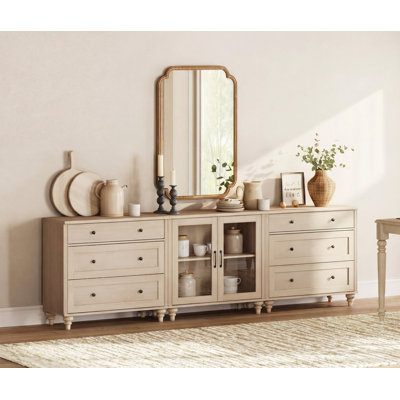 Sideboard Cabinet With Bar Hutch, Moderan Farmhouse Buffet Cabinet With 2 Glass Doors And 6 Drawers,Light Beige by Charlton Home