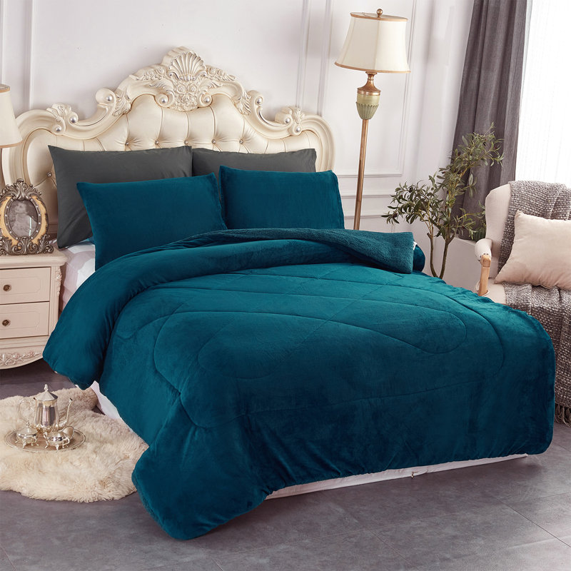 JML BorregoSolid1024 Microfiber Reversible 3 Piece Comforter Set, Sherpa Flannel Fleece Bed Blanket, King/Queen , Teal