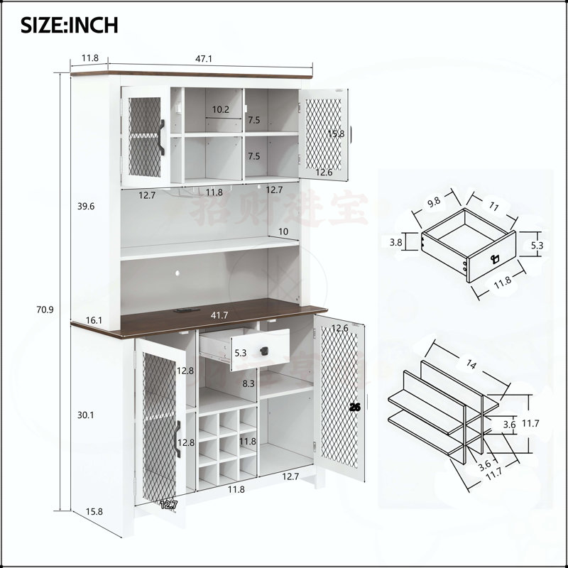 Armoire de rangement pour garde-manger rustique avec prises à DEL, tablettes réglables et support à vin pour une organisation efficace