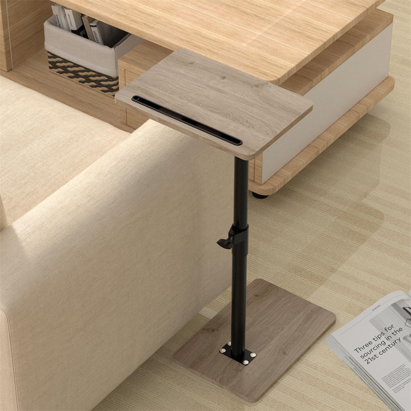 Sofa Armrest Tray Table, 360° Swivel Adjustable Height, Snack Side Table with Phone & Tablet Slot for Couch, Bed, Taupe