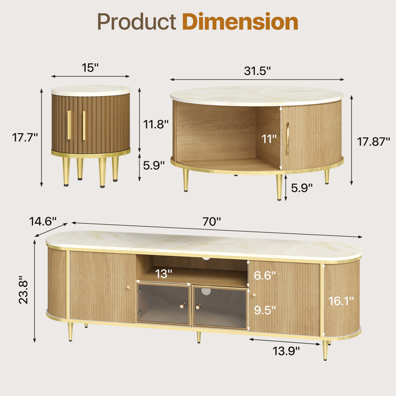TV Stand And Coffee Table Set With Hidden Storage: Flip-Top Lid & Sliding Doors, White/Gold