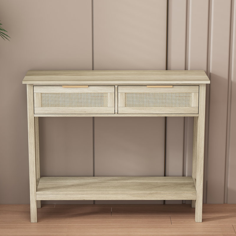 Ceryn Boho Style Console Table With 2 Rattan Drawer And Bottom Storage Shelf For Entryway