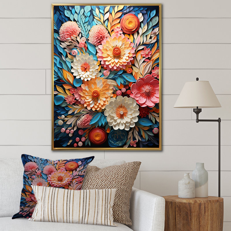 Rose et bleu abstrait botanique sur toile, H 20 po x l 12 po x P 1 po, Cadre flottant doré