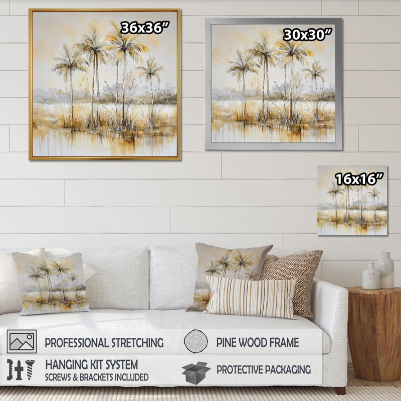 Minimal Florida Palm Trees I - Palm Trees Wall Art Living Room, H 16 po x l 16 po, Reproduction avec cadre flottant, Doré