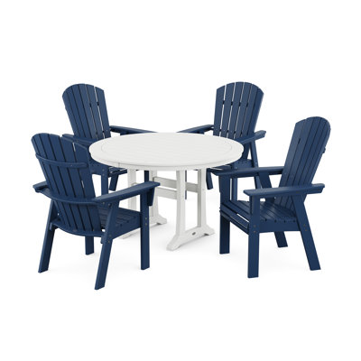 POLYWOOD Nautical Curveback Adirondack 5-Piece Round Dining Set with Trestle Legs