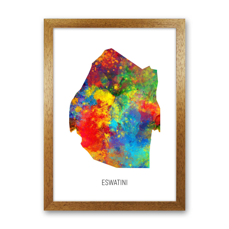Eswatini Watercolour Map by Michael Tompsett - Print, Brown Framed, 46cm H x 34cm W x 3cm D