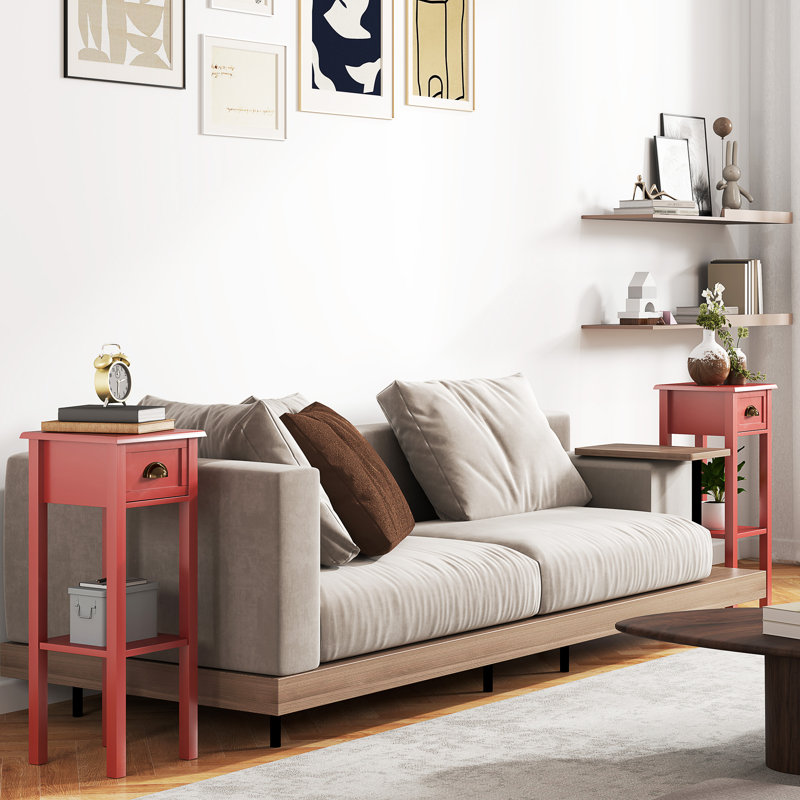 2-Tier Side Table With Drawer, Narrow End Table With Bottom Shelf, For Living Room, Set Of 2, Red