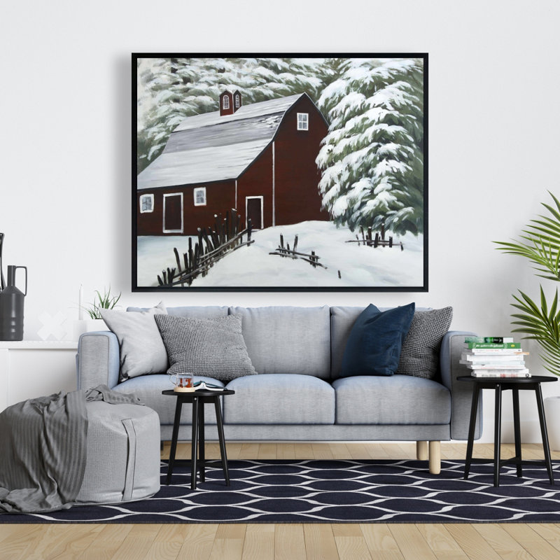 Red Barn In Snow Print On Canvas