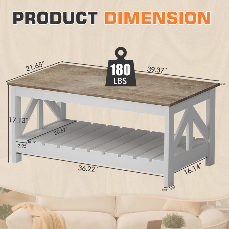 Table basse 39 po rectangulaire avec rangement, Blanc, Naturel