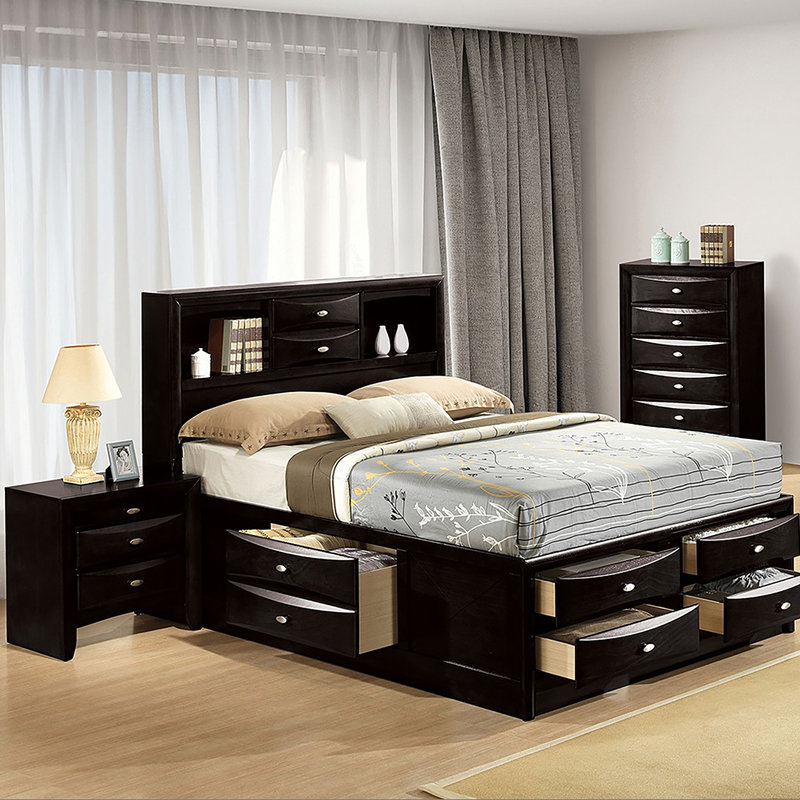 Mobilier de chambre à coucher contemporain pour grand lit double avec tête de lit et bibliothèque de 3 pièces, Grand lit