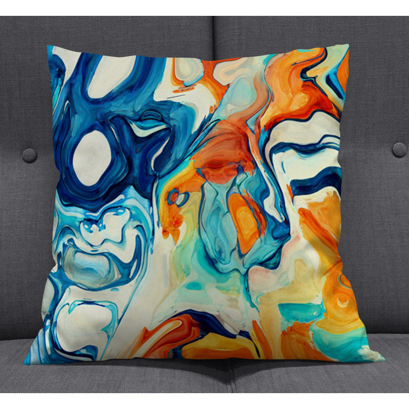 Throw Pillow With Insert, 16"H x 16"W, Blue/Orange Abstract 4