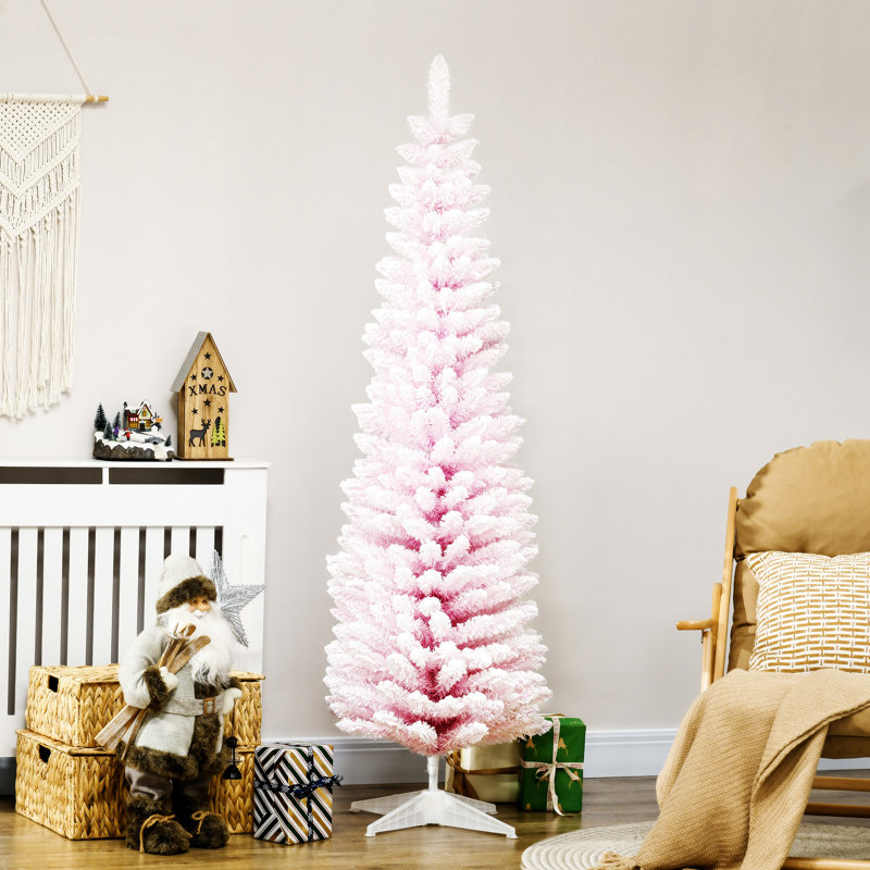 Arbre de Noël artificiel enneigé 6 pi, arbre de Noël mince avec branches réalistes et base en plastique pour décoration d'intérieur, rose