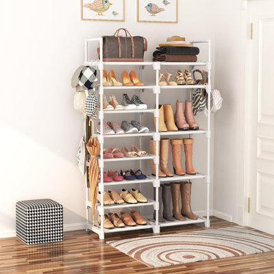 Range-chaussures ROJASOP, étagère à chaussures en métal à 8 niveaux pour le garage de vestibule, 26-32 paires de tablettes de rangement pour chaussures avec 15 crochets, grand support à chaussures empilable