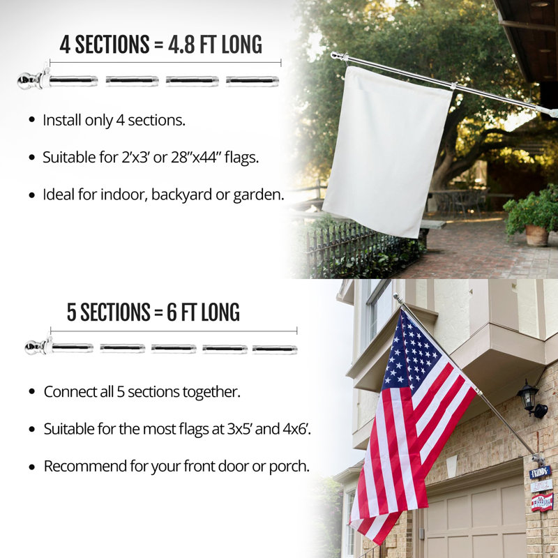 6-Foot Stainless Steel Adjustable Flag Pole Kit with Rotating Rings