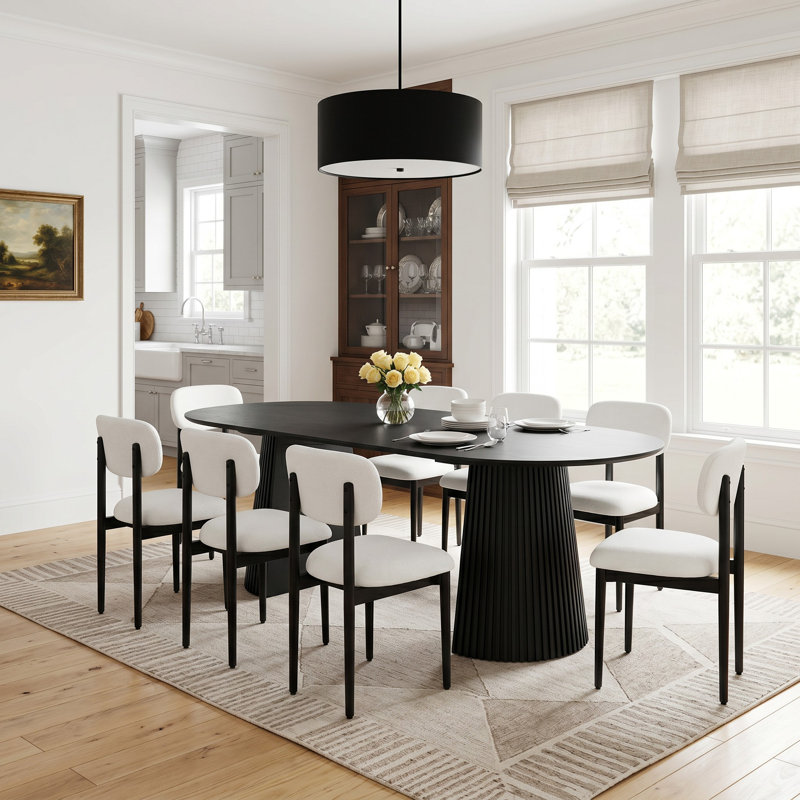 Table Ã  manger ovale moderne Ã  double pied central en bois, 79 po, avec piÃ¨tement en bois massif, pour 8 personnes, Noir