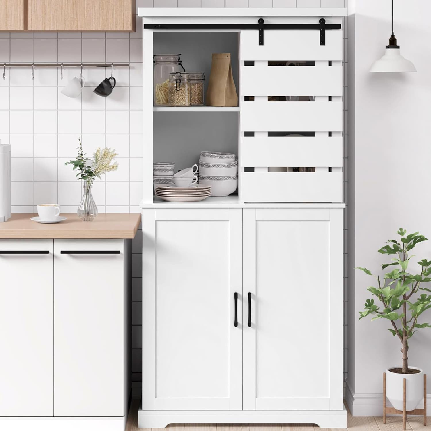 Gracie Oaks Kitchen Pantry Wooden Lockers With Sliding Barn Doors And ...