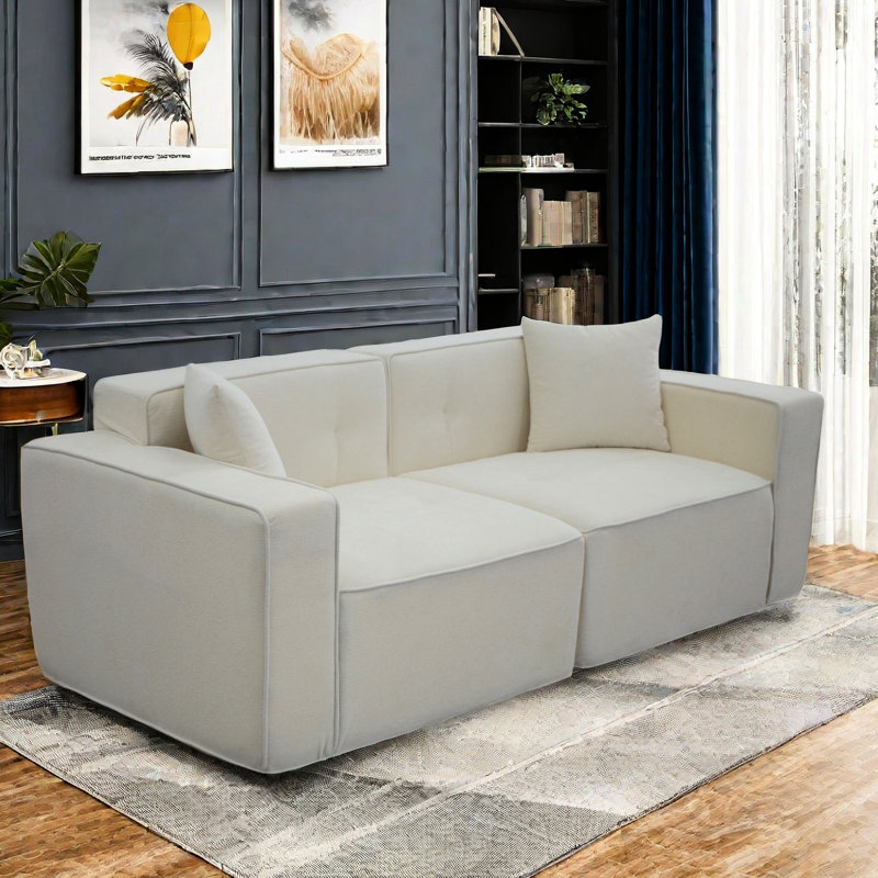 Canapé moderne 3 places avec sac de charge et de rangement: velours de lin blanc pour le salon, chambre à coucher, lit d'appoint - revêtement moelleux, siège rembourré, chambre à coucher