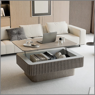 38.6'' Fluted Lift-top Coffee Table with Storage, Adjustable Height, and Soft-close Mechanism for Modern Living Spaces, Grey