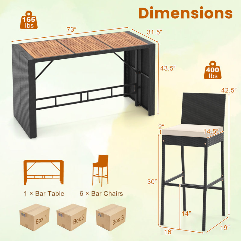 7-piece Patio Bar Dining Set Pe Rattan Furniture Set With Acacia Wood Tabletop & Soft Cushions