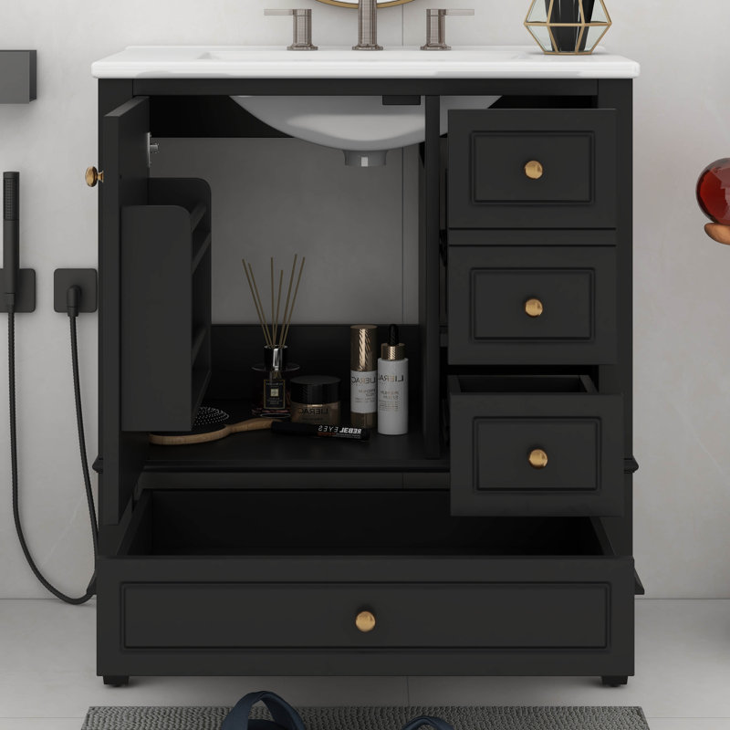 Meuble-lavabo de 30 po avec lavabo simple, armoire de salle de bain moderne avec une porte et une tablette à fermeture douce et trois tiroirs