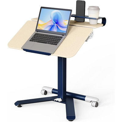 Bureau assis-debout à roulettes réglable avec plateau inclinable, chariot mobile pour ordinateur portable avec tablette de rangement, emplacement pour téléphone et porte-gobelet pour bureau à domicile, chambre ou petits espaces
