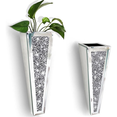 Crystal Wall Vase Hanging Flower-Vase - Silver Crushed Diamond Mirrored Container Flower Vase Home Decor For Living Room, Dining Room, Bedroom, Set Of 2 （11.2 Inch High）