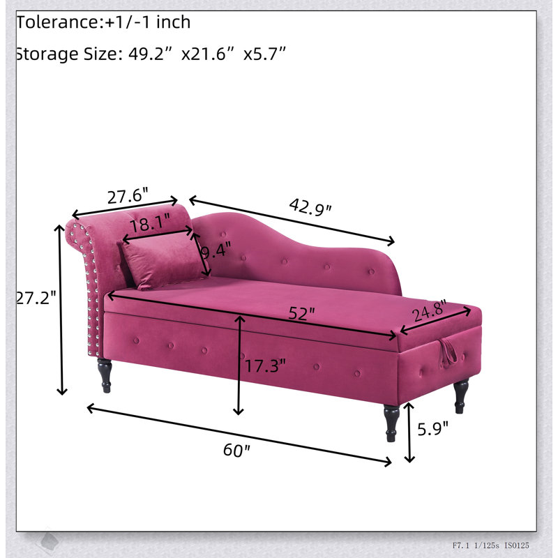 Luxueuse chaise longue en velours avec rangement, conception capitonnée et pieds en bois massif pour une utilisation polyvalente à la maison