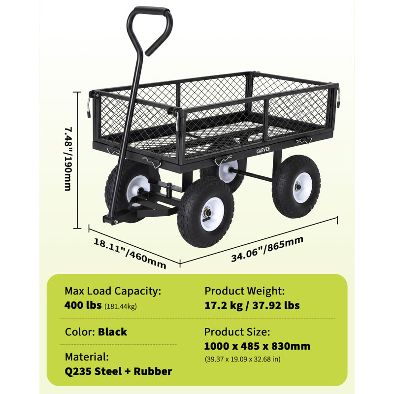 400 lbs Heavy Duty Steel Garden Cart Wagon – Removable Mesh Sides, 10" All-Terrain Pneumatic Tires, 180° Rotating Handle, Waterproof Liner – Outdoor Utility Yard Cart for Farm, Landscaping – Green