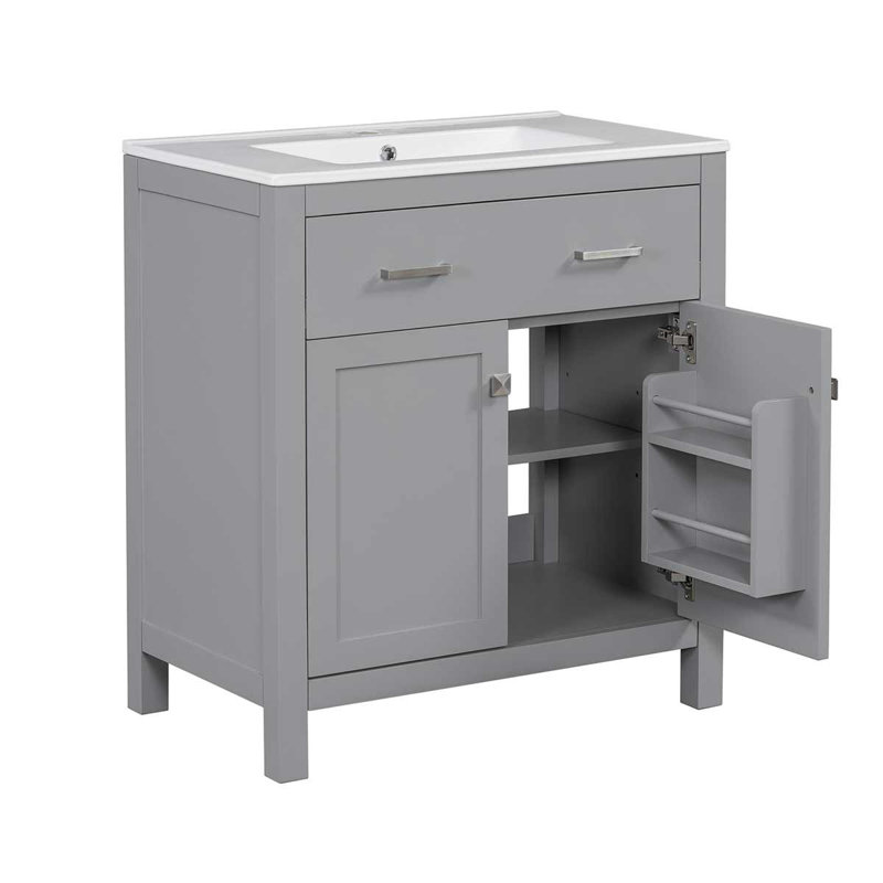 Meuble-lavabo moderne de 30 po avec lavabo en céramique, armoire de salle de bain avec 2 portes et une tablette, Gris
