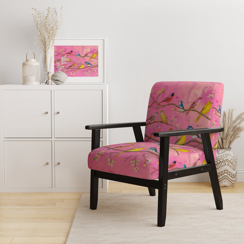 Fauteuil rembourré en velours multicolore Bird On Tree, Mélange de polyester rose, Noir