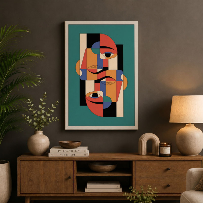 Geometric Faces Art Deco - Wrapped Canvas, 30x20 - 76.2 x 50.8 cm, Sage Border