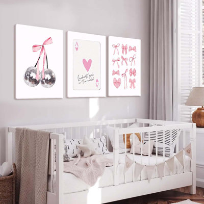 3 Pcs Pink Bow Wall Decor, Stylish Disco Ball And Lucky Card Posters Canvas Prints, Preppy Living Room Posters, Perfect For Teenage Apartments, Bedrooms, And Living Rooms. Framed In 16X24 Inches