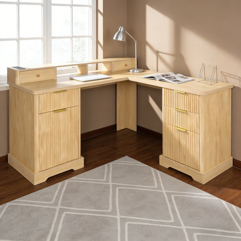 59" Modern Fluted L-Shaped Computer Desk With Storage Cabinet And Charging Station, Light Oak/Light Oak