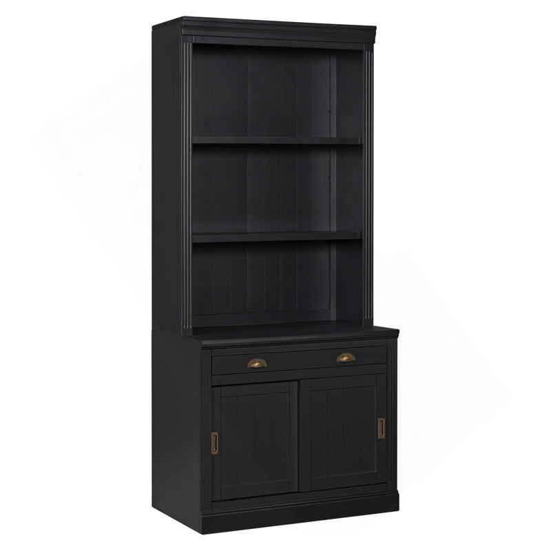 Bibliothèque de 83,4 po de hauteur, bibliothèque moderne avec portes coulissantes et tablettes ouvertes, bibliothèque de rangement pour le salon, bureau personnel, noir