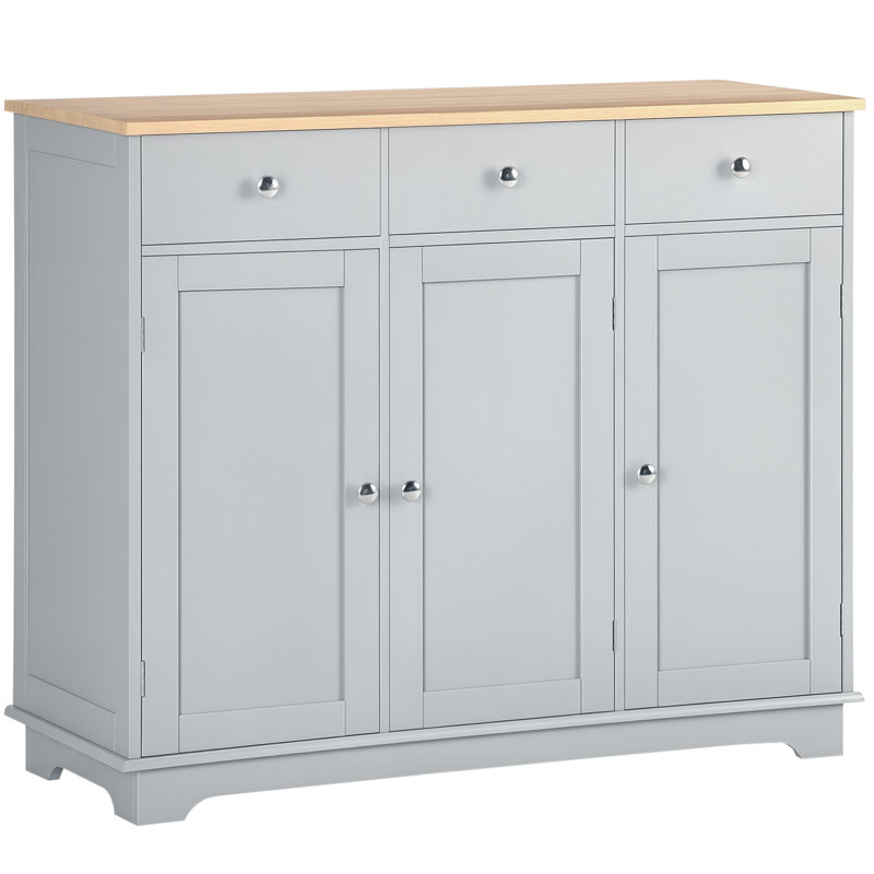 Kitchen Storage Cabinet, Sideboard Floor Cupboard With Solid Wood Top, Adjustable Shelf, And 3 Drawers, Gray, Gray
