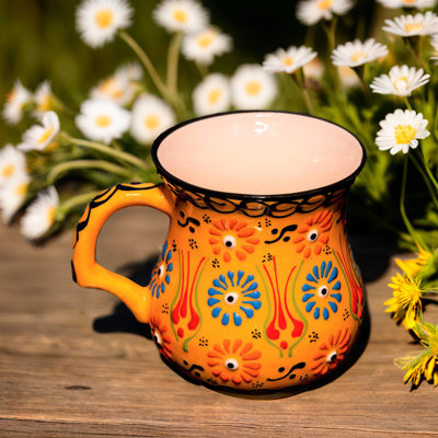 Handcrafted 10oz Turkish Coffee Mug With Handle - Ceramic Cup With Floral Pattern - Traditional Drinkware - Decorative Gift Mug For Home & Kitchen