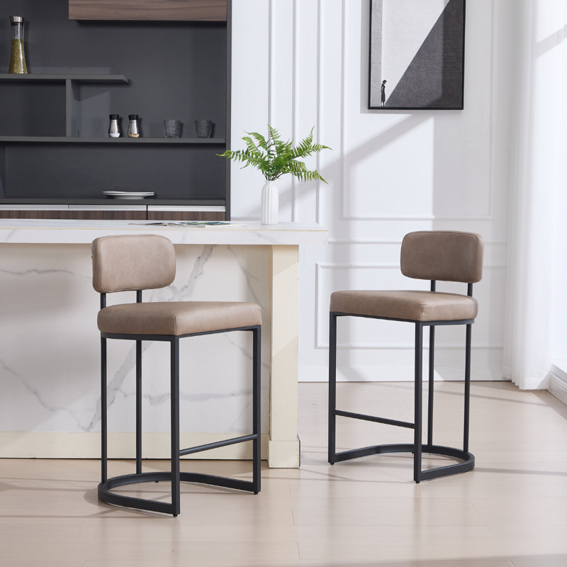 Upholstered Counter Stool with Metal Frame, Khaki